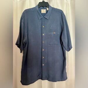 Luau 100% Silk Button-Down Shirt XL – Blue Textured Short Sleeve